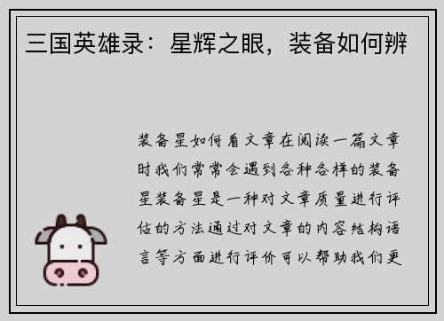 三国英雄录：星辉之眼，装备如何辨